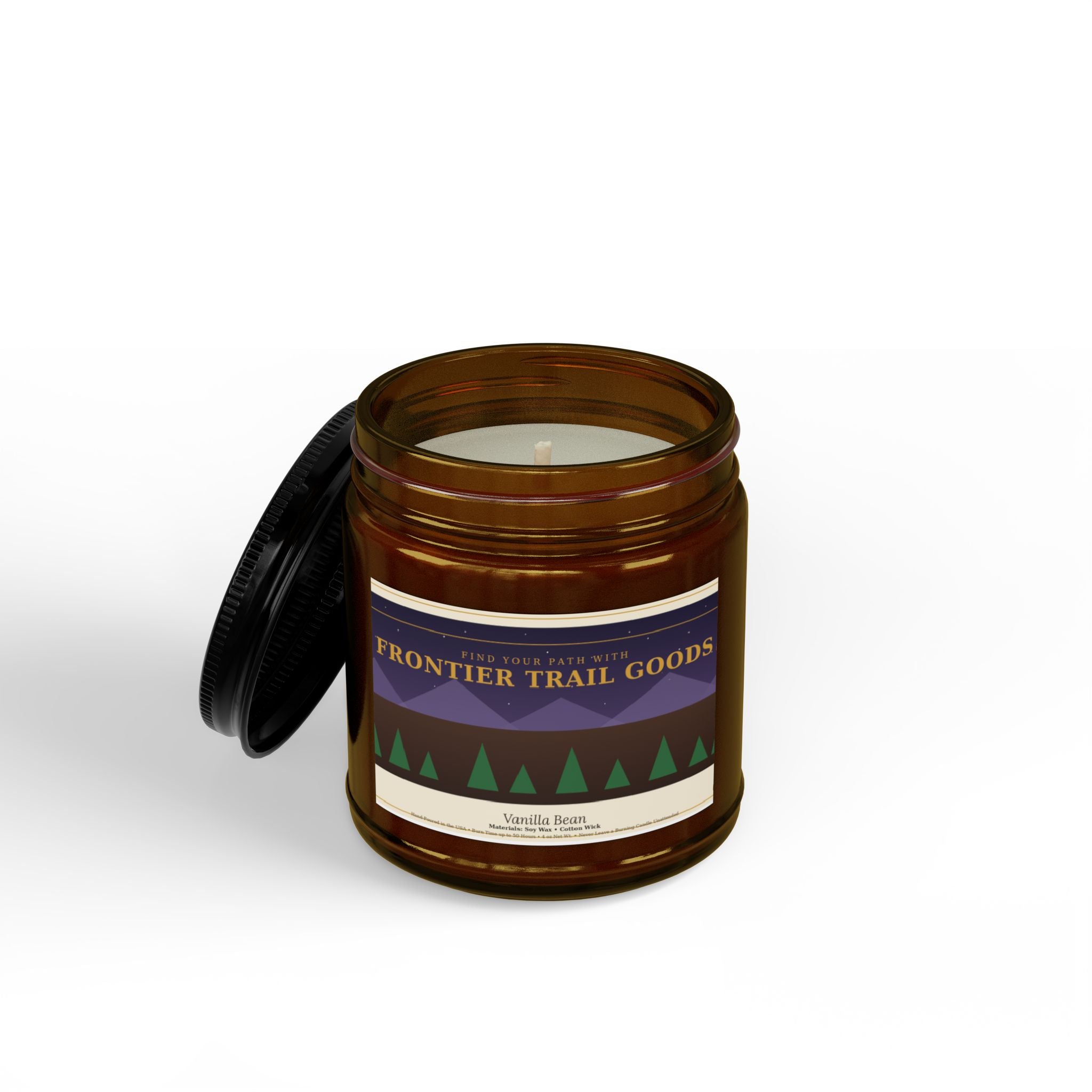 Frontier Trail Goods Vanilla Bean Soy Candle (4oz & 9oz) — Amber Jar with Black Lid